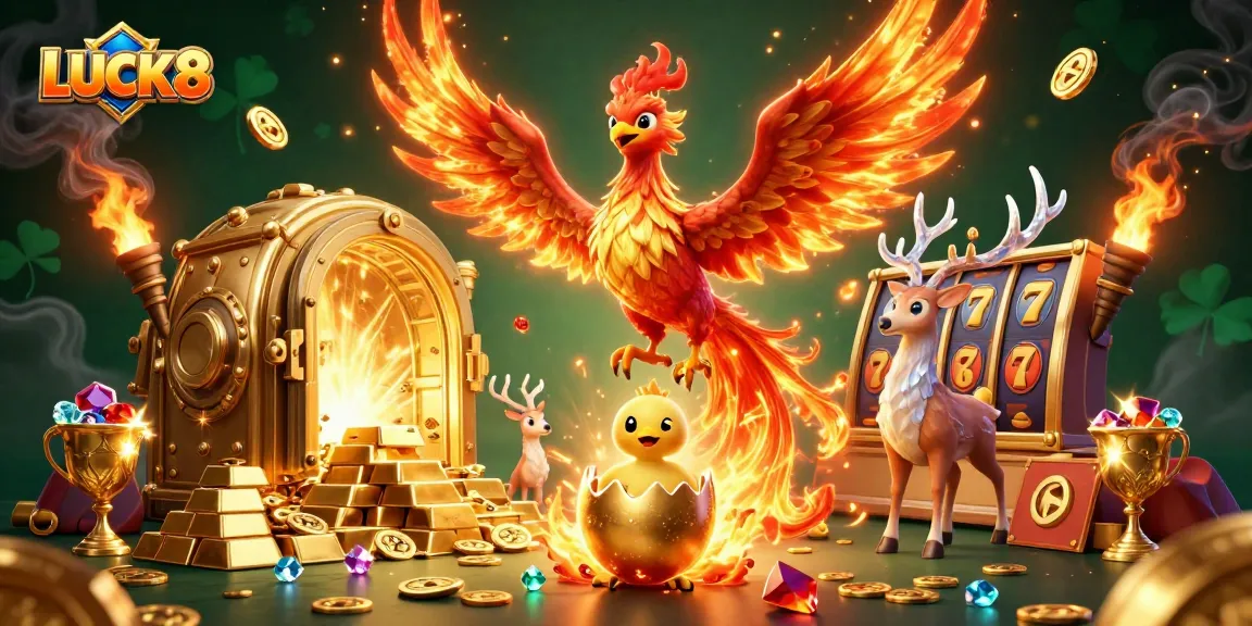Experience thrilling wins at LUCK8 with a vibrant 3D phoenix and golden treasures illustrating the excitement of gaming.