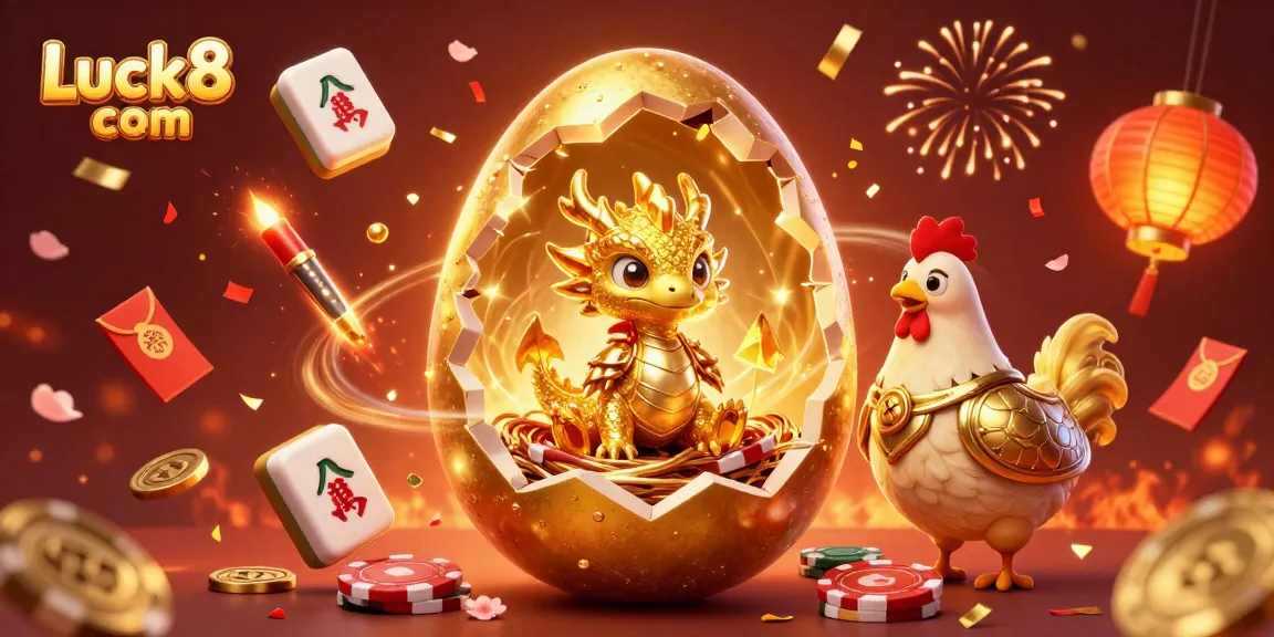 Join the excitement at Luck8 com with a vibrant illustration of a golden dragon and casino elements celebrating wins.