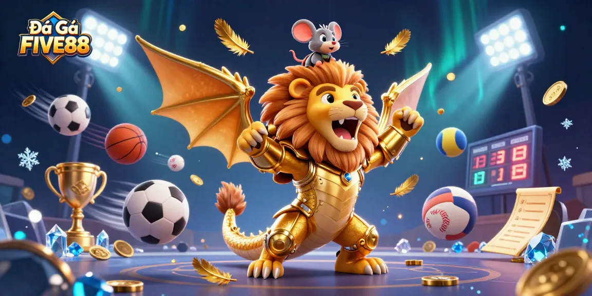 Engage in Đá Gà FIVE88 with this vibrant illustration featuring a chimera and sports elements.