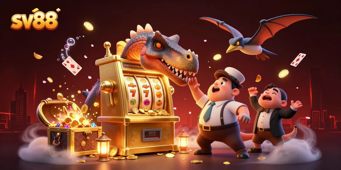 sv88 showcases a colorful scene with a pachycephalosaurus jackpot win at a golden slot machine, surrounded by casino elements.