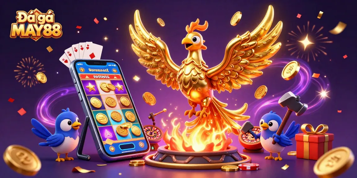 Engage in thrilling Đá gà MAY88 action with a vibrant 3D scene featuring a golden phoenix and gaming elements.