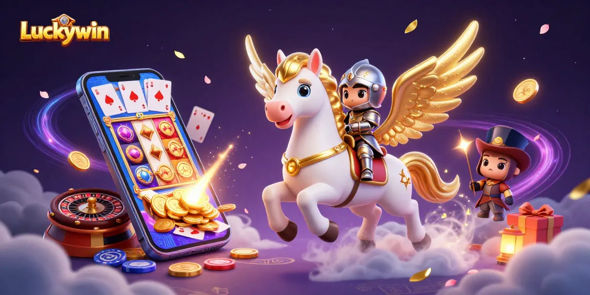 Spin to win at Luckywin with a 3D celestial horse and knight in a dynamic casino scene.