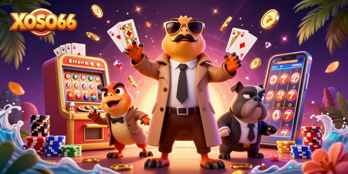 XOSO66 raptors in a trench coat attempting VIP entry at a vibrant casino, highlighting lottery excitement.