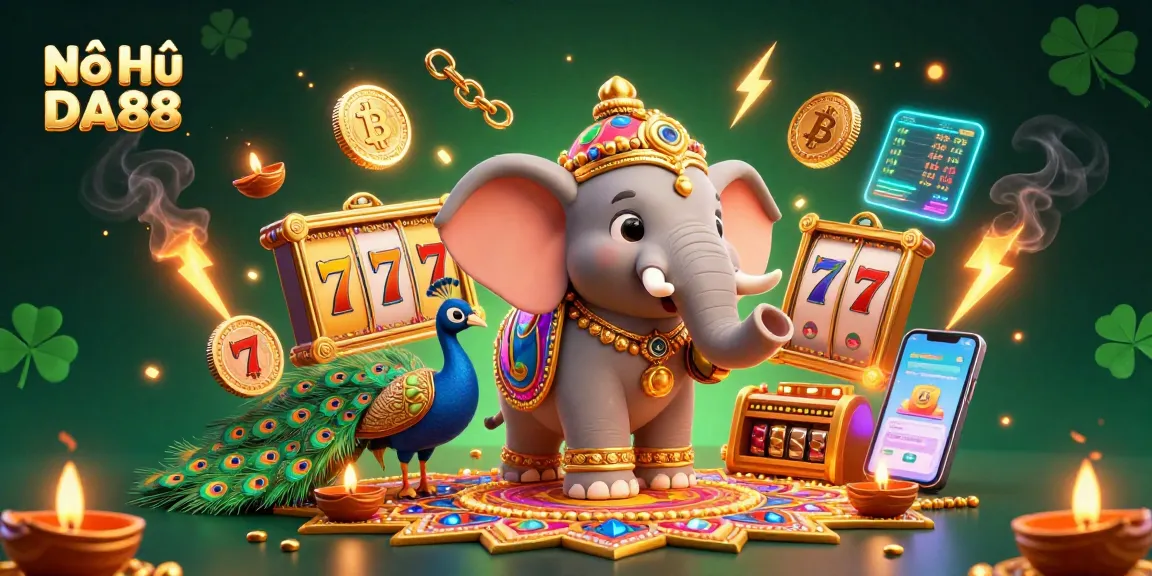 Engage with Nổ Hũ DA88's vibrant slot experience featuring a colorful elephant and peacock amidst dazzling symbols and jackpot elements.