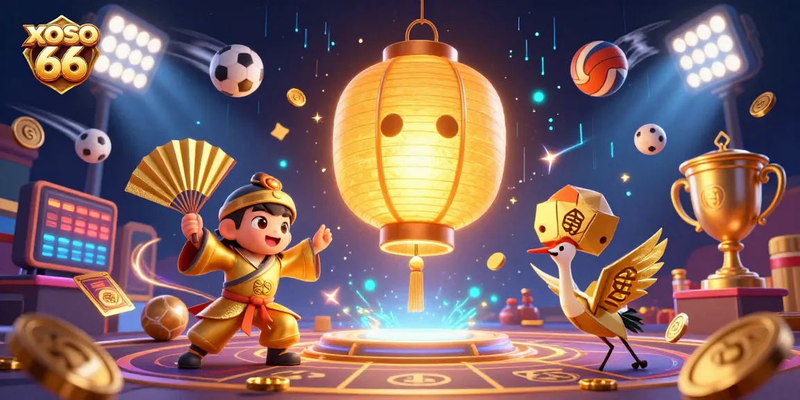 Xoso 66 provides dynamic betting action with golden symbols and sports-themed elements in vibrant 3D illustration.