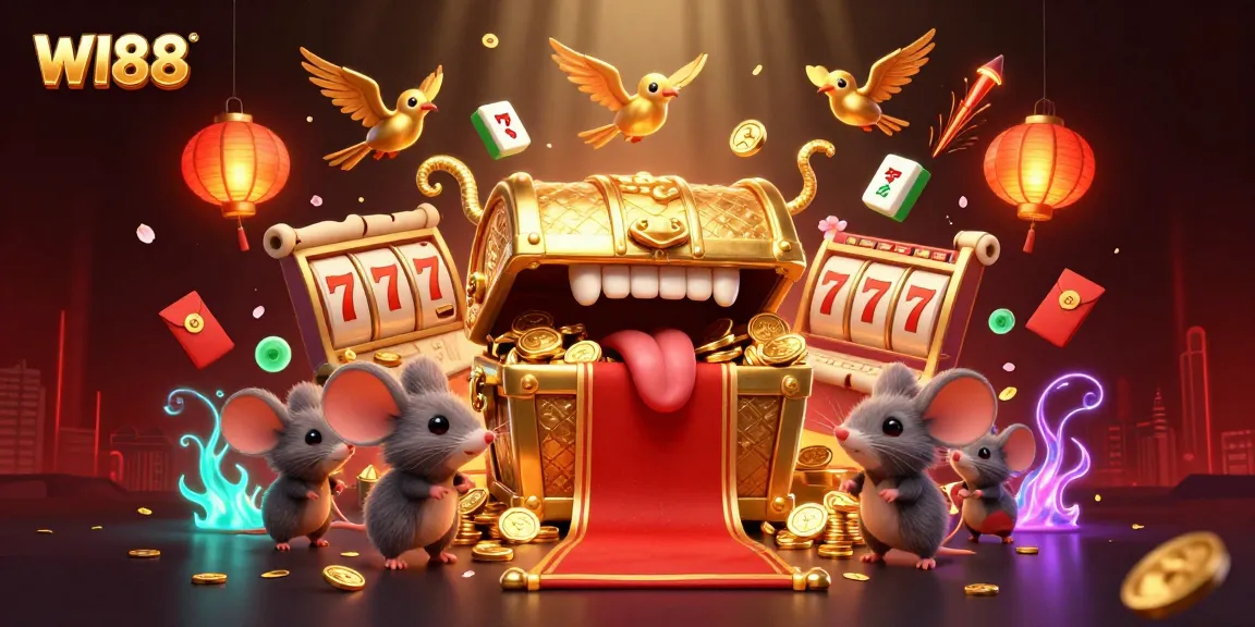 Engage with the vibrant world of WI88's gambling opportunities featuring dynamic slot reels and treasures.