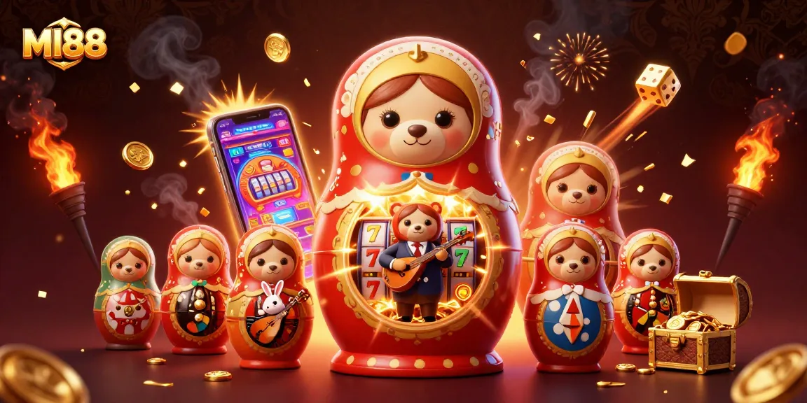 Experience thrilling gameplay at MI88 with a vibrant scene of casino characters and symbols bursting with excitement.