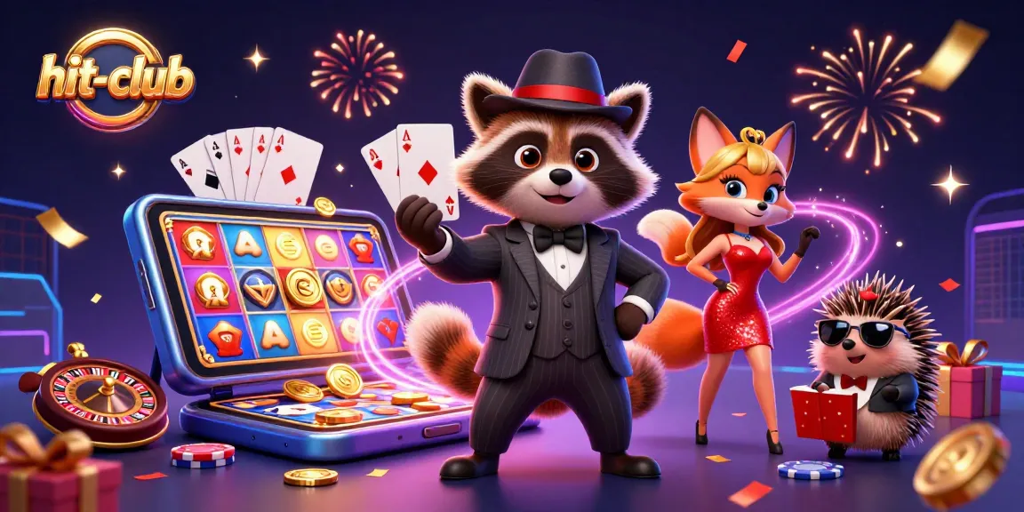 Hit-club's vibrant gaming scene with a raccoon and friends celebrating slot wins.