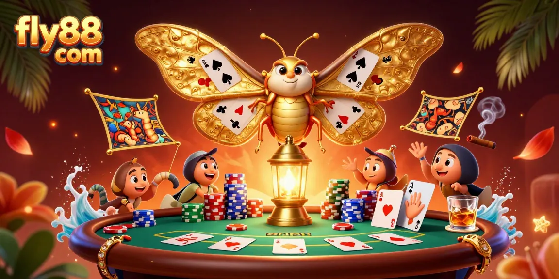 Engage with thrilling games at fly88 com, featuring an exuberant casino scene with cards, chips, and vibrant elements.