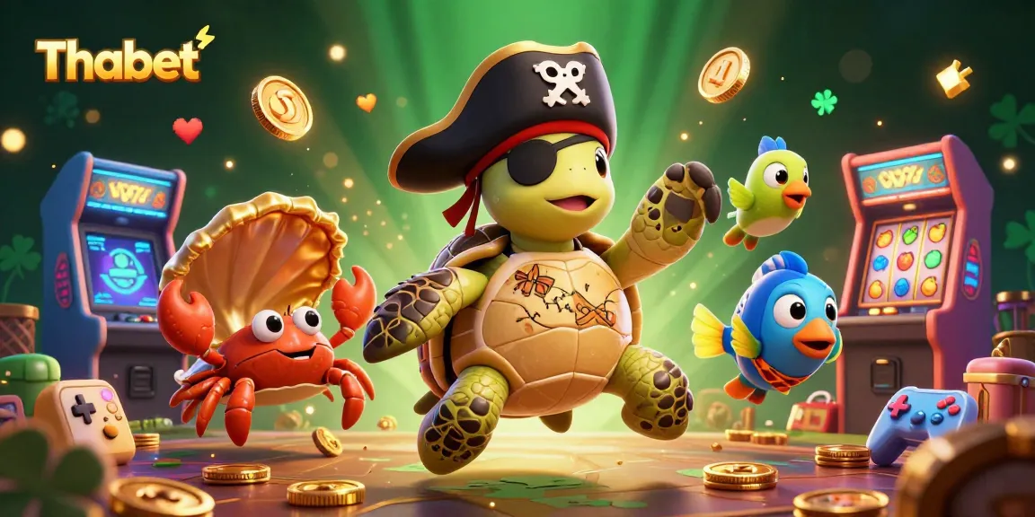 Thabet showcases a lively slot scene with a pirate turtle, golden crab, and vibrant prizes.