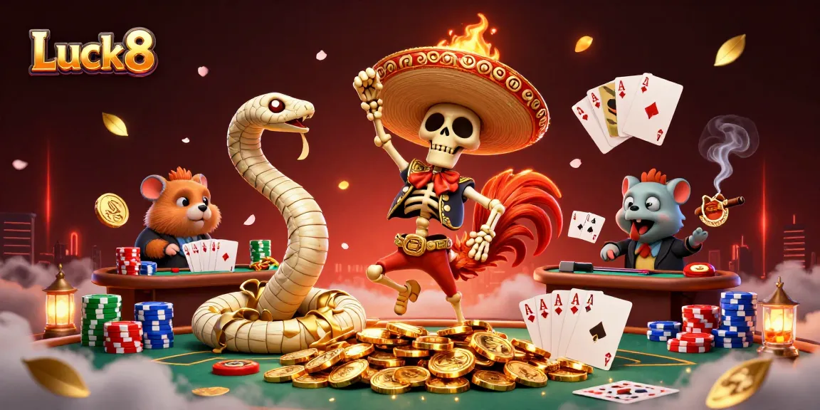 Luck8 showcases a lively casino vibe with cartoon characters amid vibrant gambling elements.