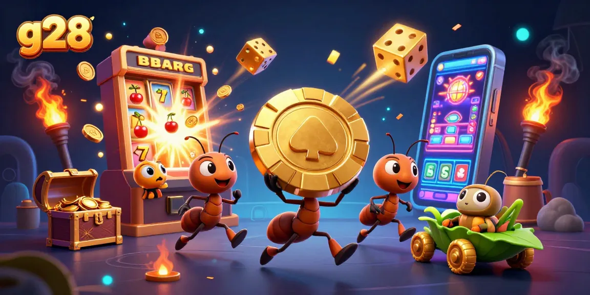 Experience thrilling g28 gameplay as a team of cartoon ants heist a gold poker chip amidst dynamic casino elements.