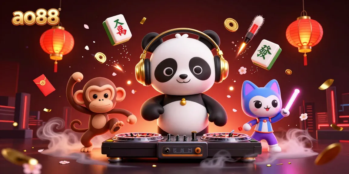 Engage with ao88 through an exciting casino scene featuring a DJ panda and lively characters.