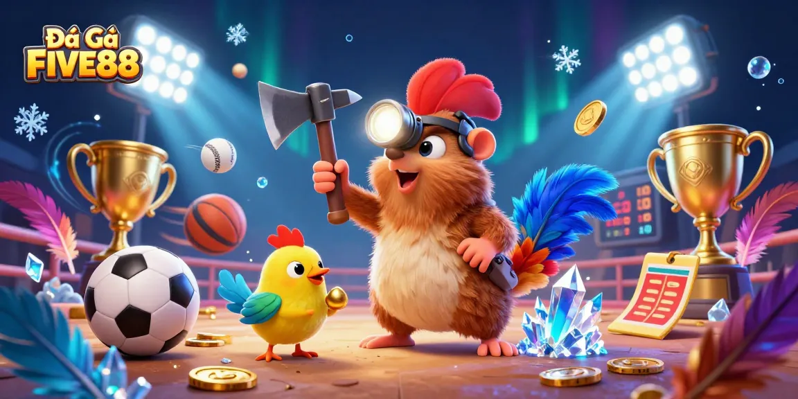 Engaging illustration of Đá Gà FIVE88 highlighting a treasure hunter mole in a cockfighting arena, surrounded by dynamic betting elements.