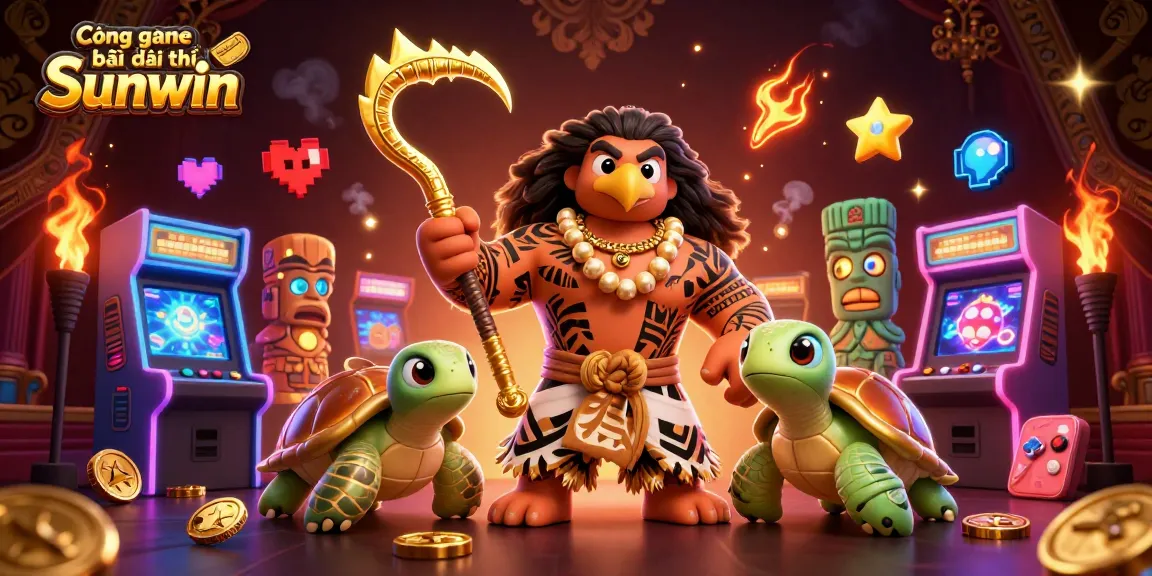 Cổng game bài đổi thưởng Sunwin illuminates a vibrant casino scene featuring a demigod and a turtle amidst glowing arcade elements.