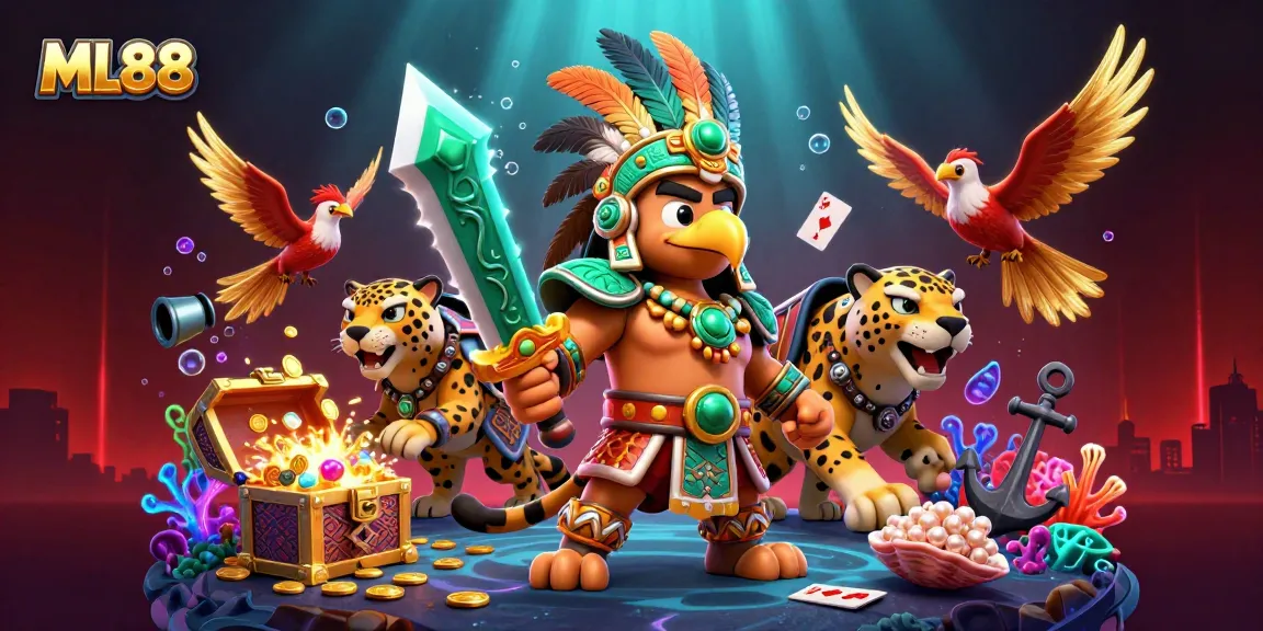 ML88 offers an engaging illustration of vibrant, animated characters amidst an atmosphere of gold and excitement.