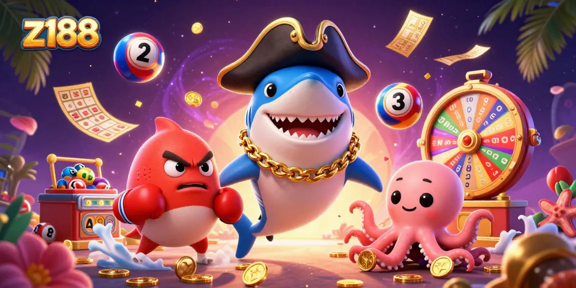 Experience excitement with z188 as vibrant casino elements dance around characters in a thrilling gambling atmosphere.