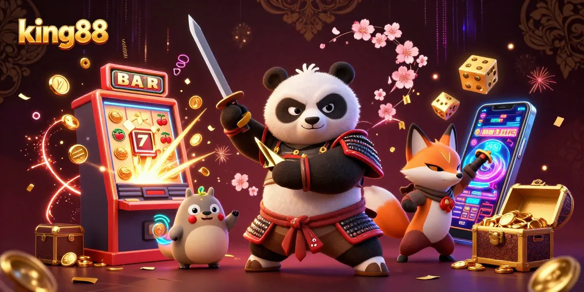 Experience thrilling gaming with king88's vibrant casino scene featuring a samurai panda, a ninja fox, and rich jackpots.