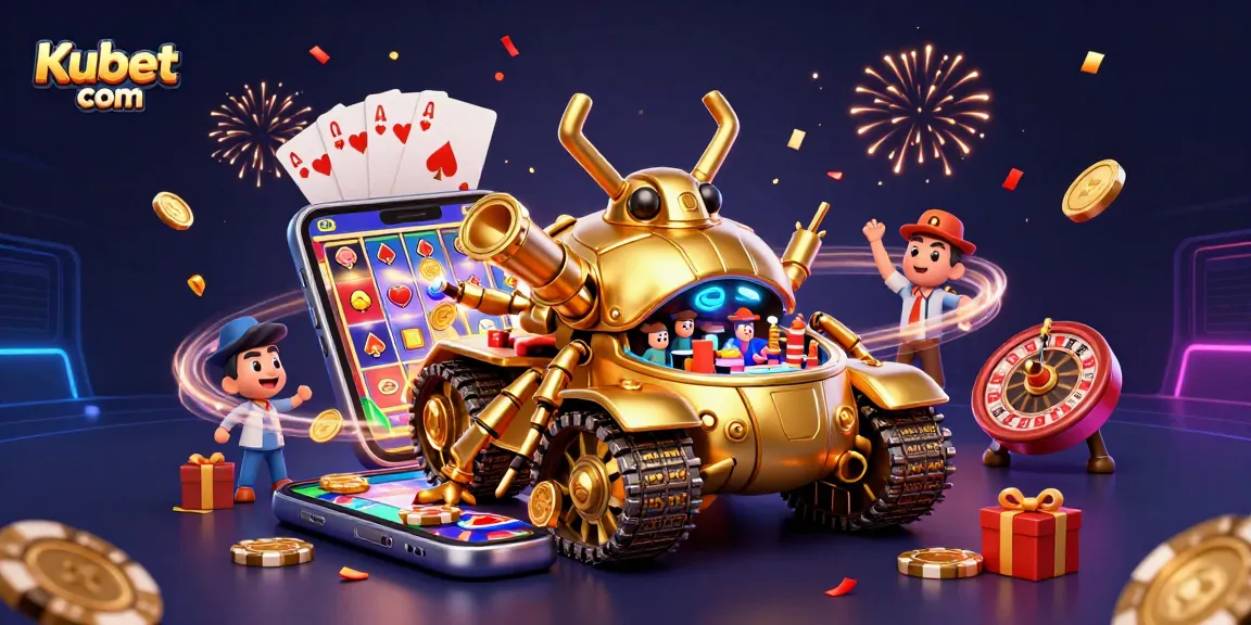 Kubet com features a golden beetle tank mini casino with vibrant slot games and festive confetti