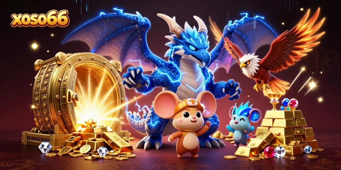 xoso66 unleashes thrilling lottery excitement with dynamic winning characters and treasure, showcasing jewels and gold.