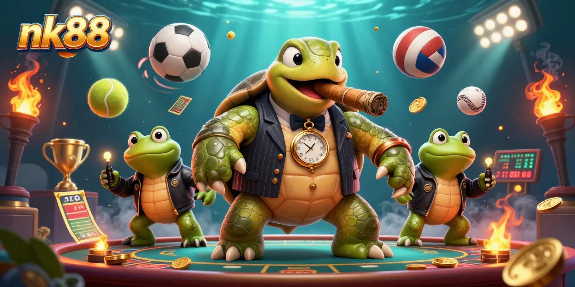 Experience the thrill of nk88 with a cartoon turtle mobster and sports elements in a lively casino scene.