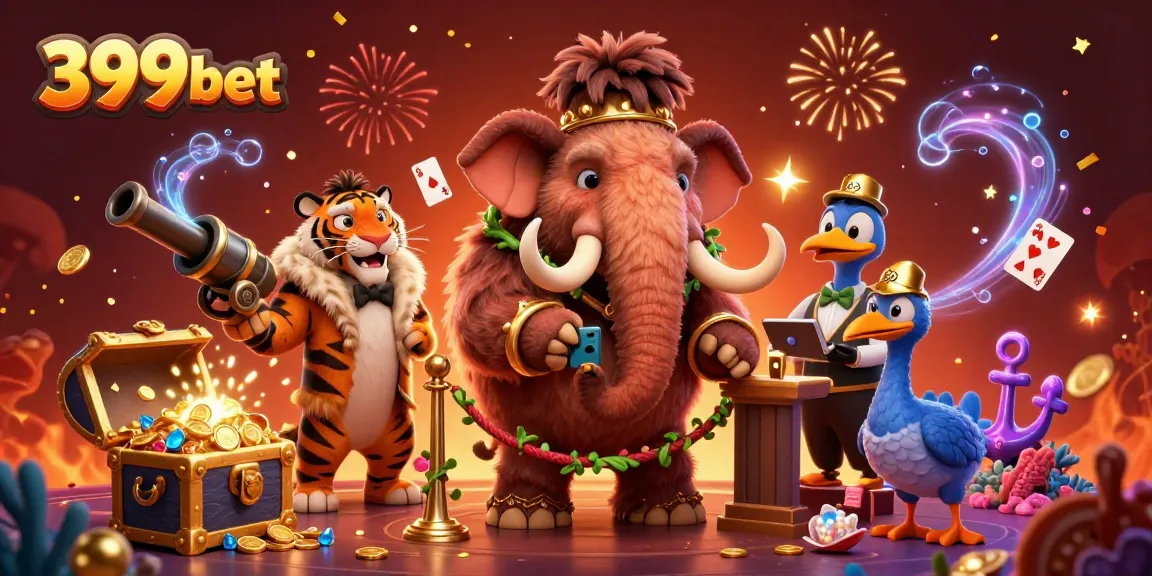 Visualize 399bet's vibrant casino atmosphere with a woolly mammoth bouncer and slice of underwater treasure.