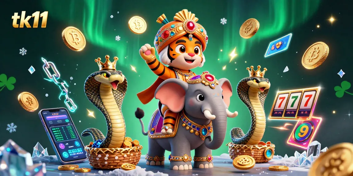 Experience thrilling gaming with tk11's vibrant 3D illustration combining a maharaja tiger, crypto elements, and exciting slot visuals.