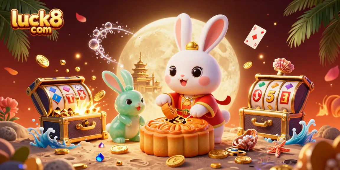 Experience thrilling gameplay at luck8 com with vibrant slot games, poker chips, and golden mooncakes.