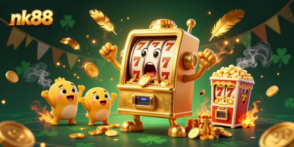 nk88 slot machine celebrates jackpot victory as glowing coins overflow, engaging casino action scene