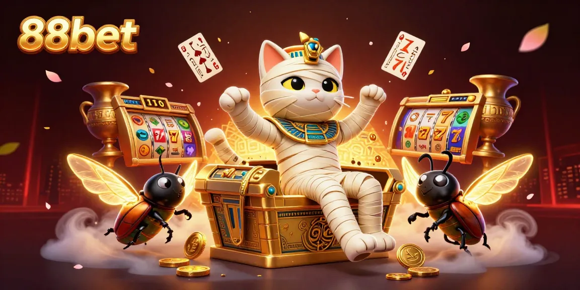 Play exciting slots with 88bet; a vibrant 3D casino scene featuring a mummy cat and treasures.