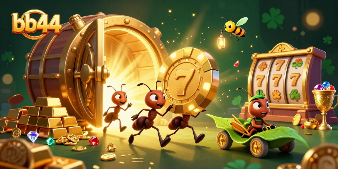 Engage with bb44's thrilling casino experience featuring cartoon ants and dazzling treasure.